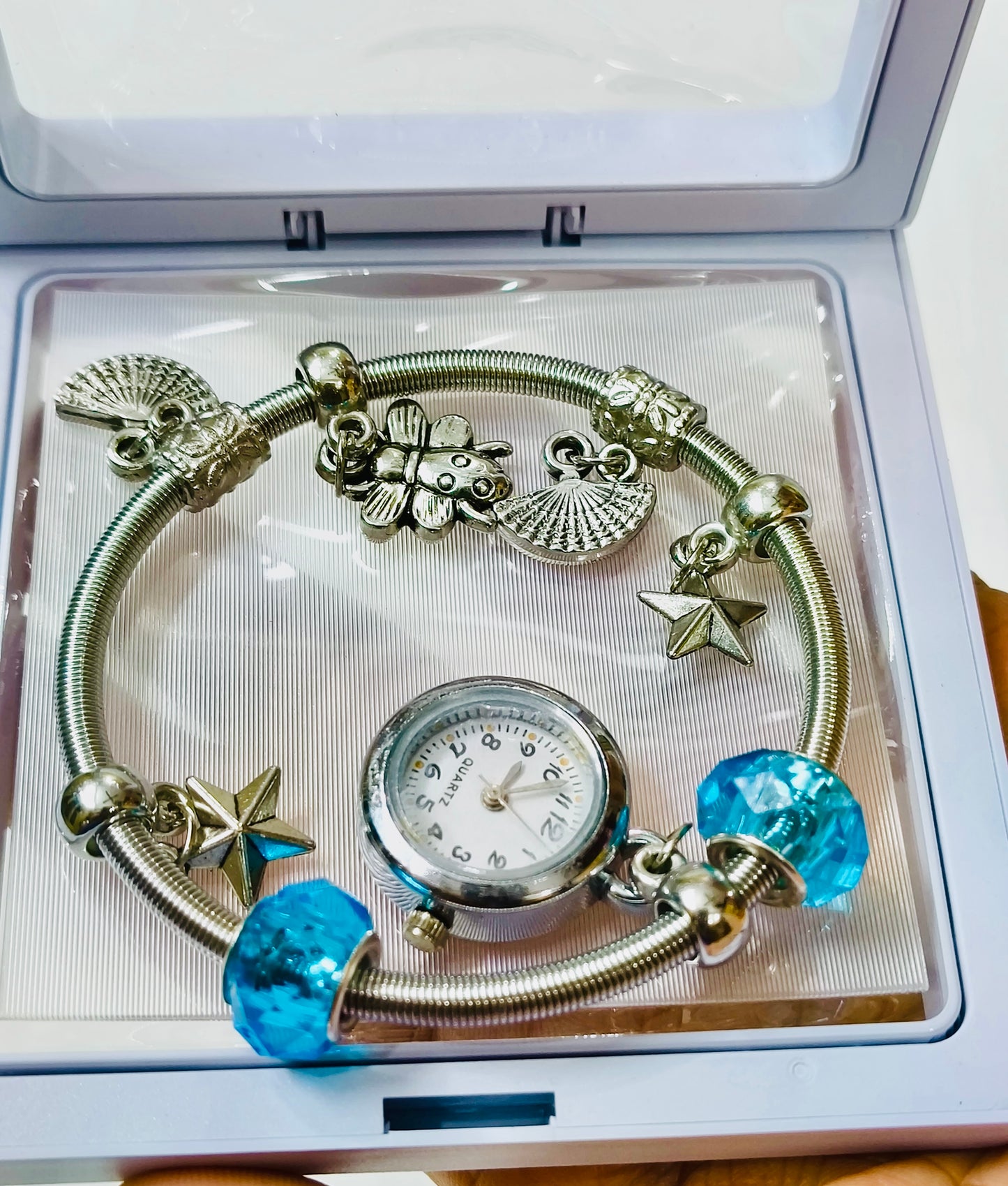 Silver Charm Bracelet Watch – Blue Beads Edition