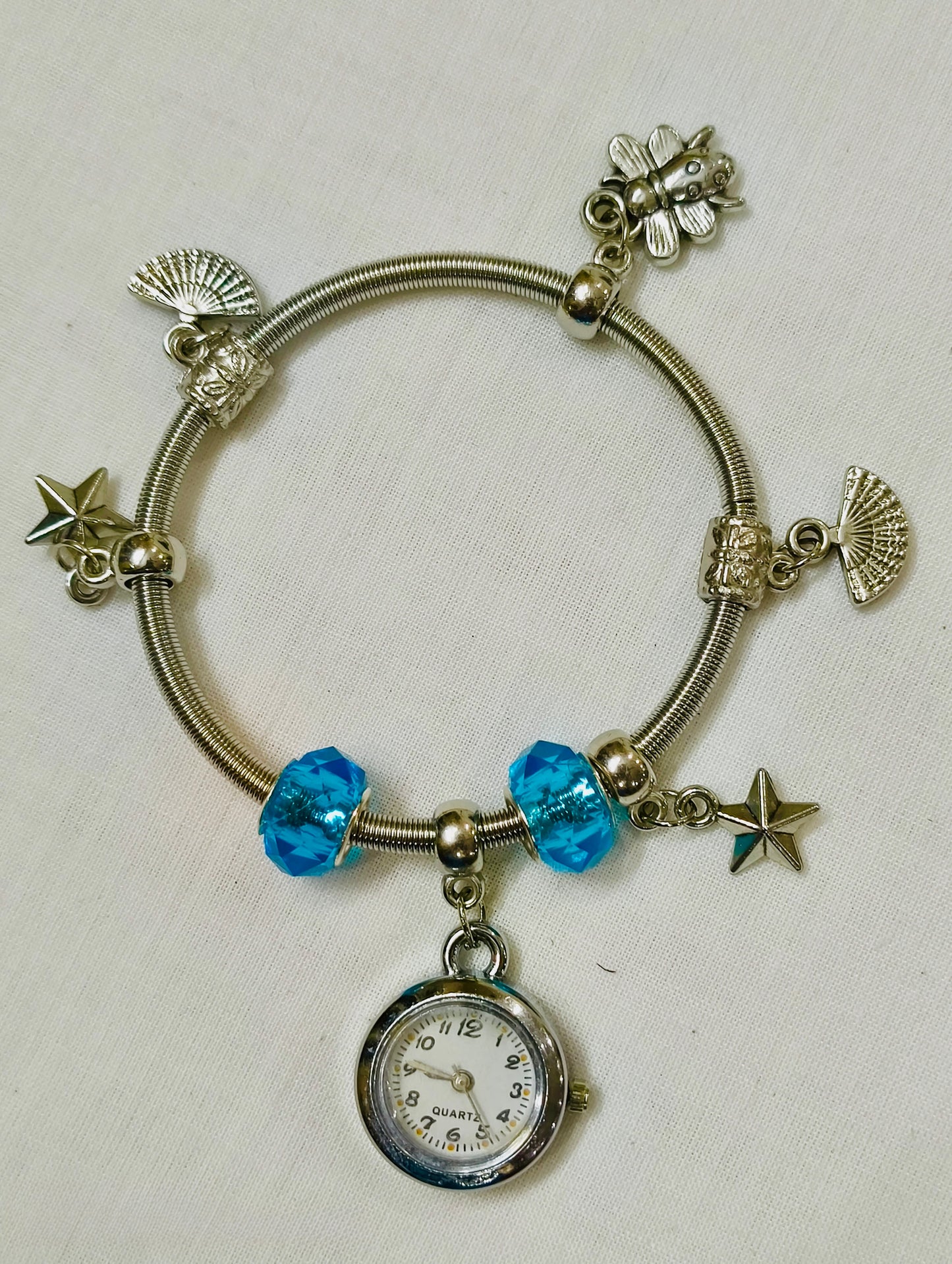 Silver Charm Bracelet Watch – Blue Beads Edition