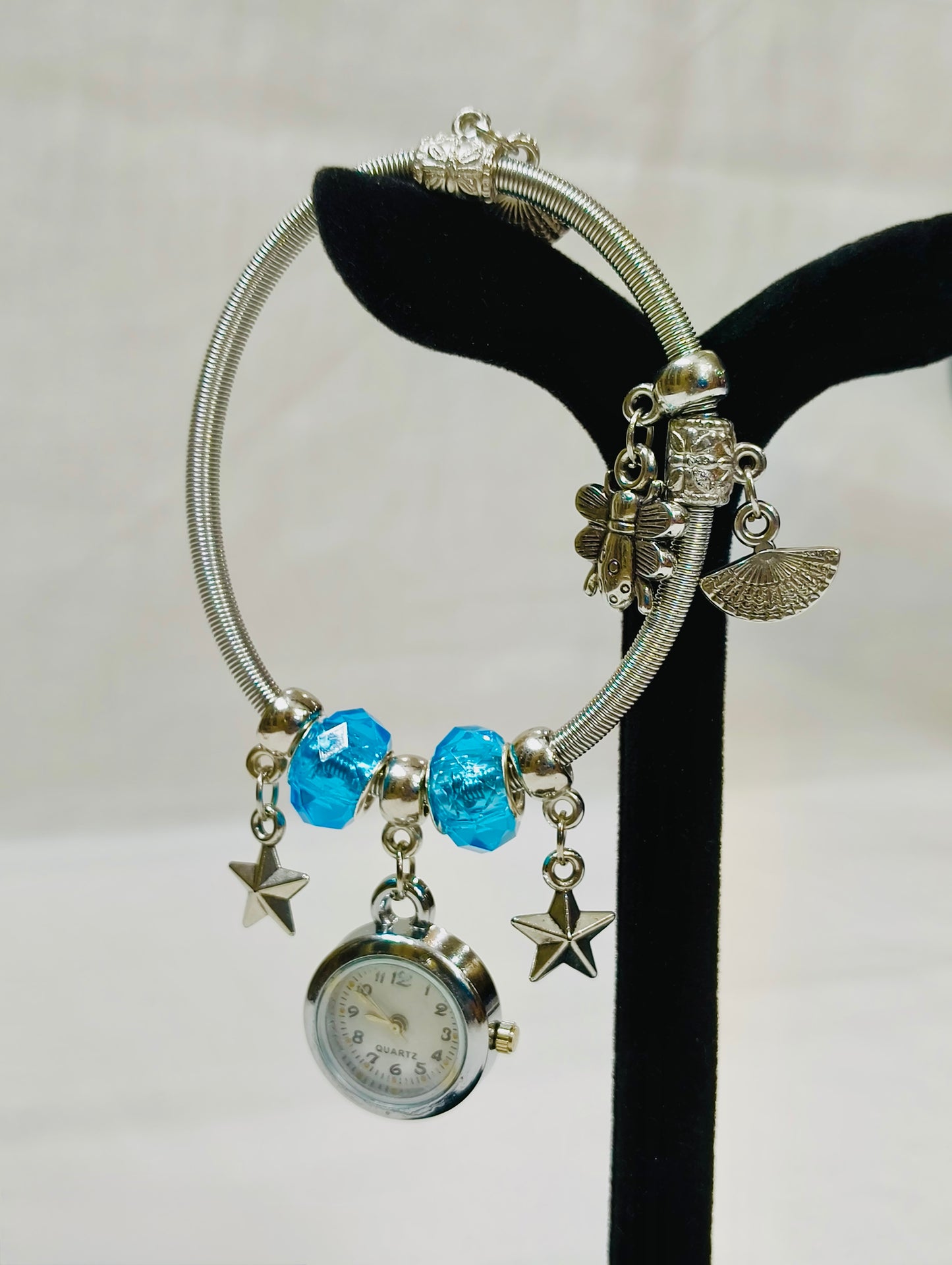 Silver Charm Bracelet Watch – Blue Beads Edition
