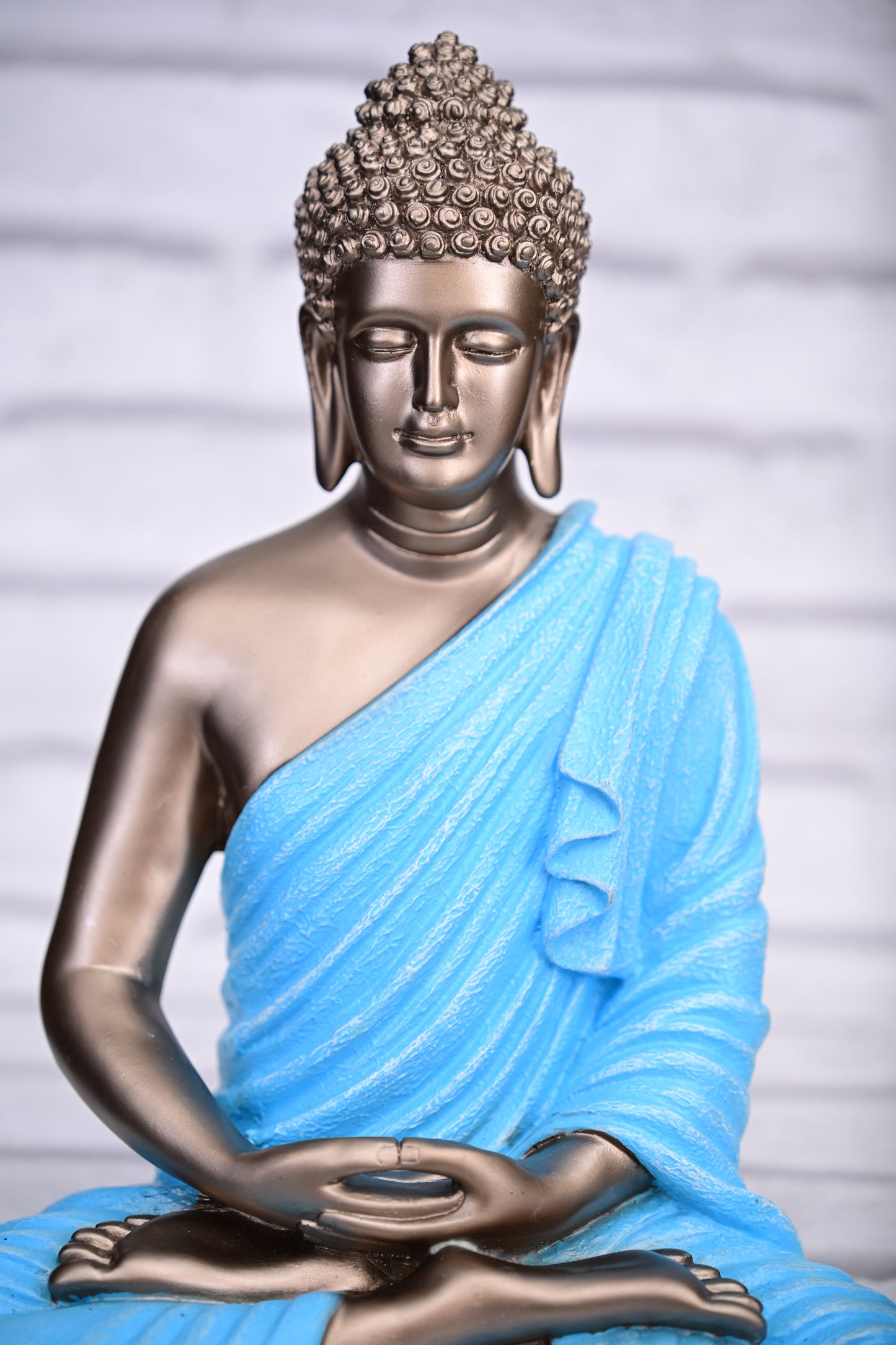 Tranquil Bronze Buddha | 36cm Stone-Finish Meditation Idol in Sky Blue