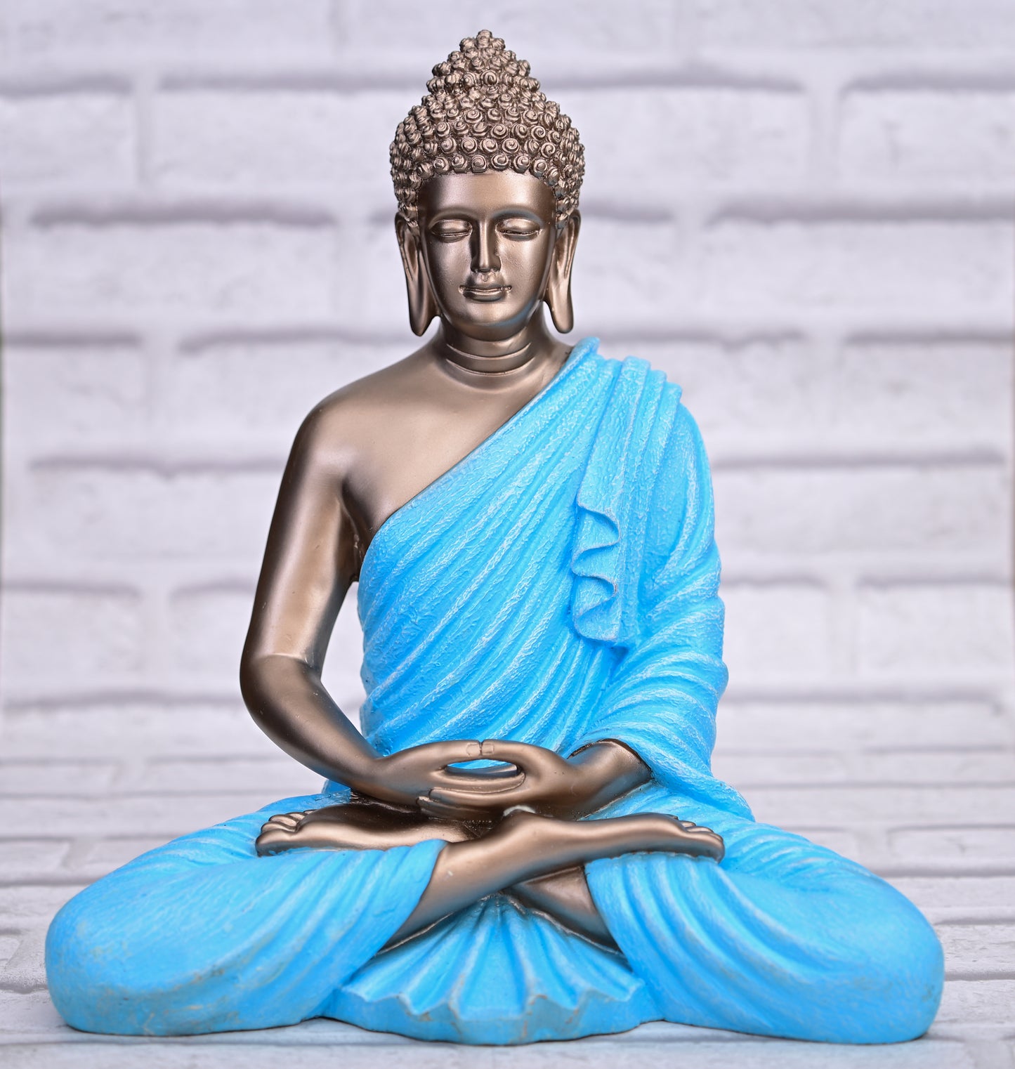Tranquil Bronze Buddha | 36cm Stone-Finish Meditation Idol in Sky Blue