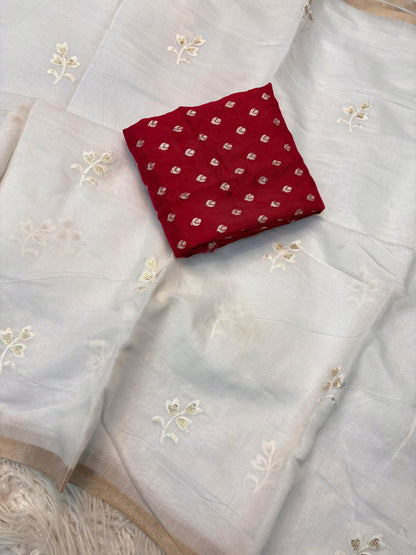 Ivory Elegance Embroidered Saree with Contrast Blouse