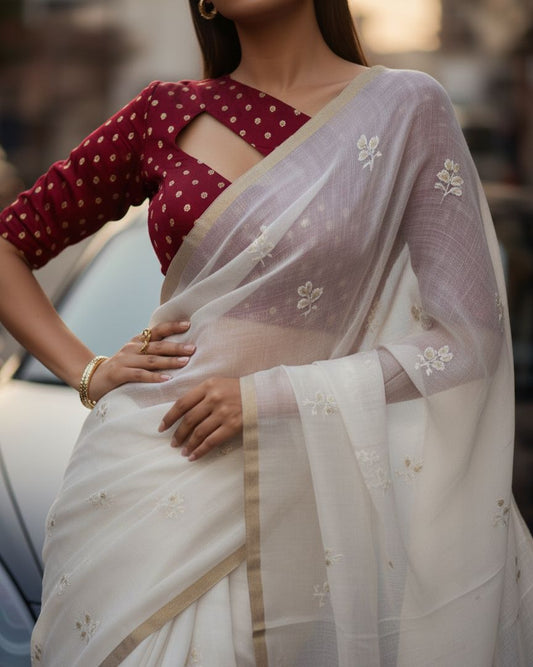 Ivory Elegance Embroidered Saree with Contrast Blouse