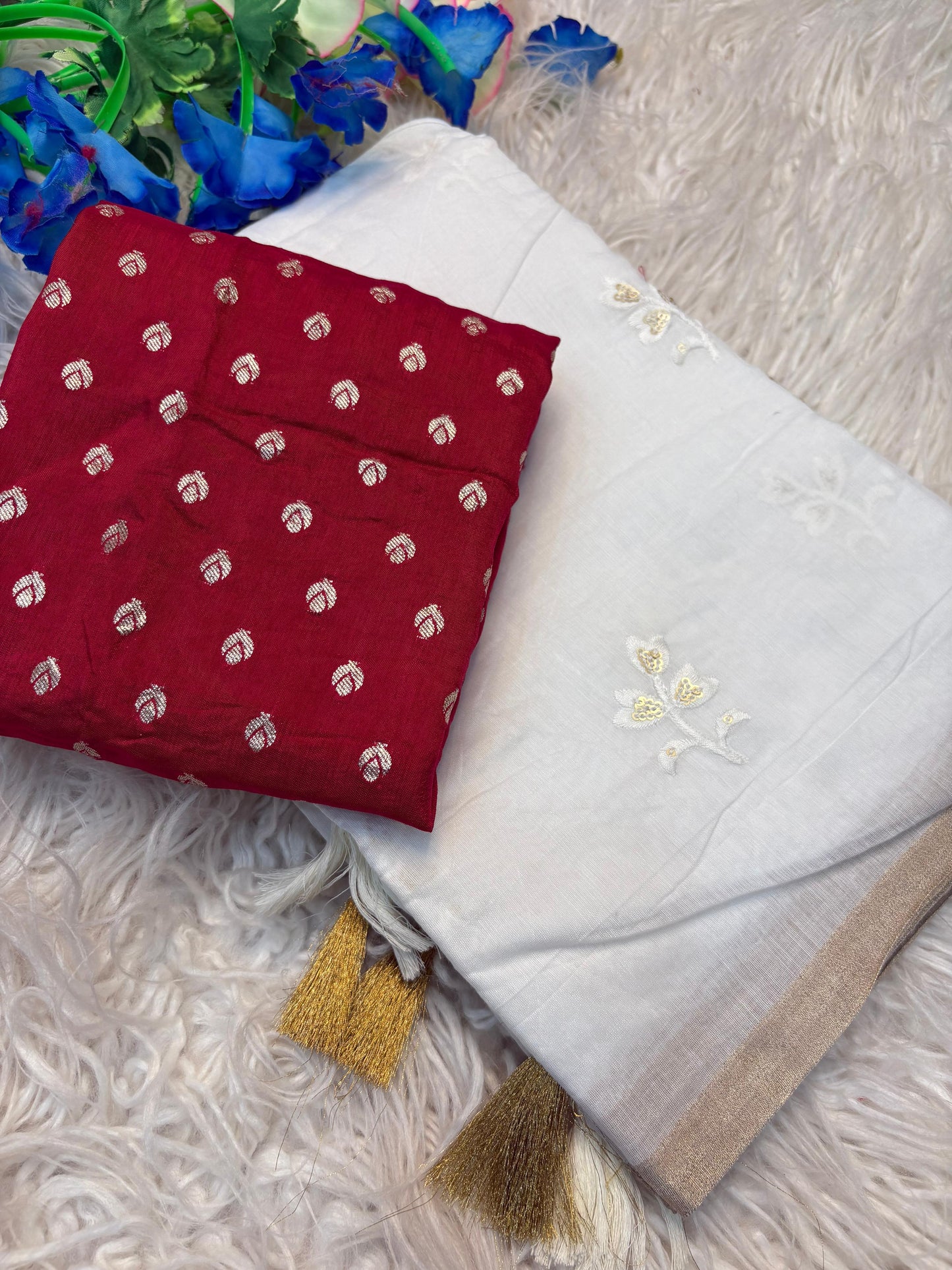 Ivory Elegance Embroidered Saree with Contrast Blouse