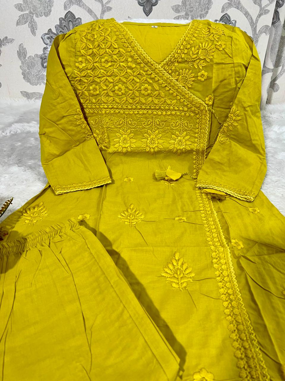 Cotton Chikankari Angrakha Pant Set