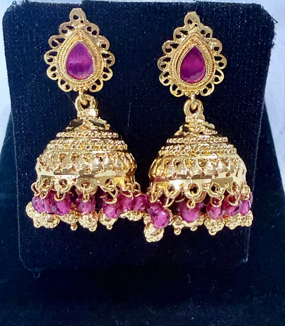 Regal Ruby Beaded Jhumka Earrings