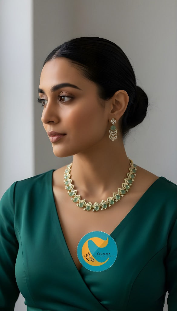Emerald Green American Diamond Necklace Set with Earrings