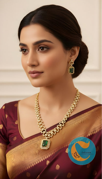Emerald Green American Diamond Necklace Set with Earrings