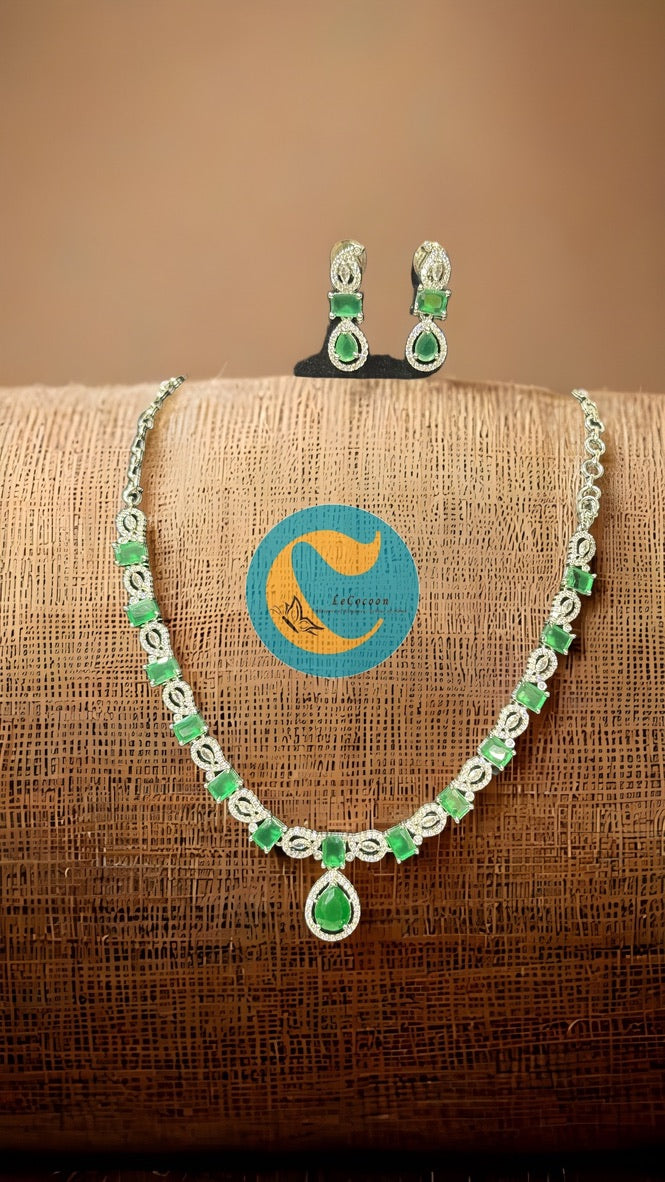 Emerald Green American Diamond Necklace Set with Earrings