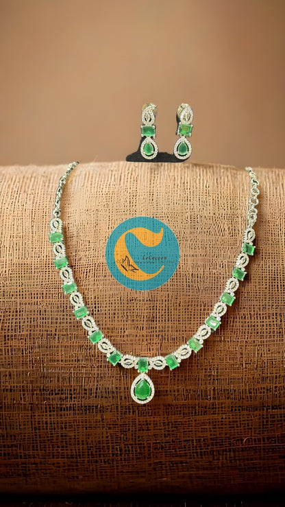 Emerald Green American Diamond Necklace Set with Earrings