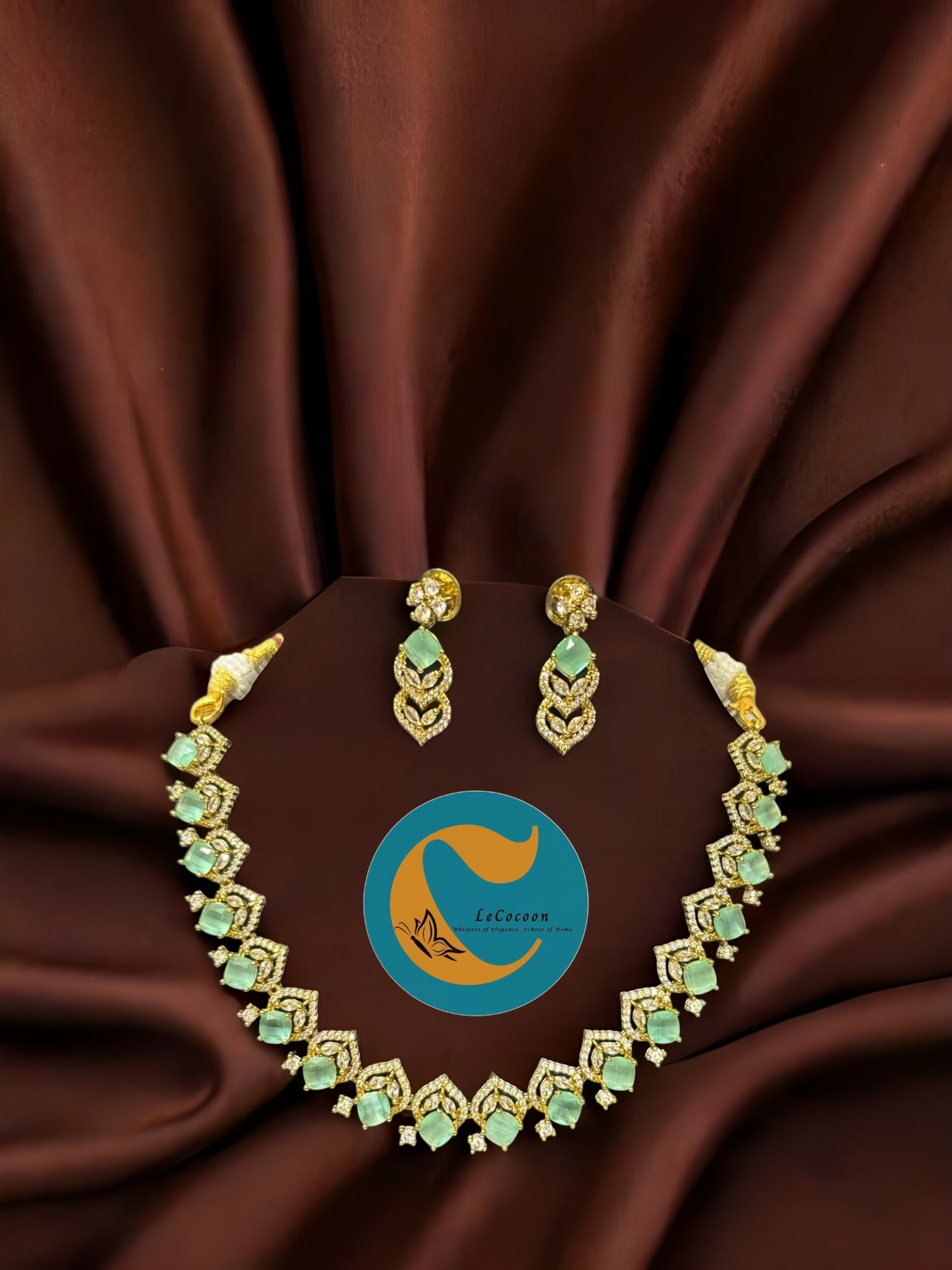 Emerald Green American Diamond Necklace Set with Earrings