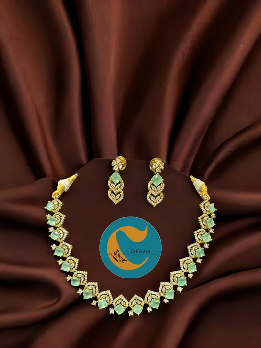 Emerald Green American Diamond Necklace Set with Earrings