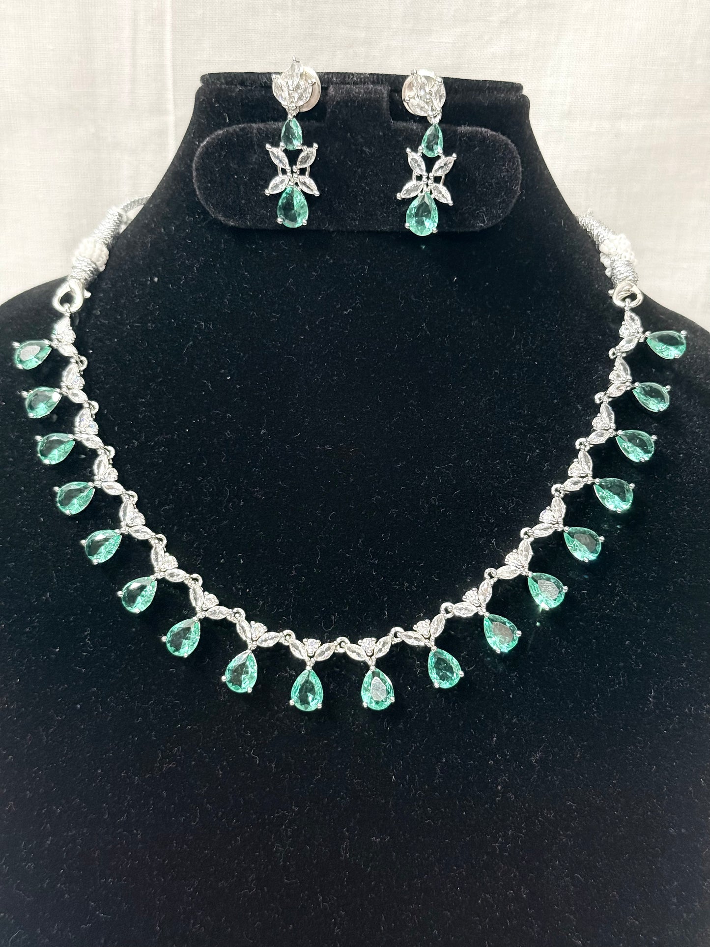 Emerald Green Teardrop American Diamond Necklace Set with Earrings