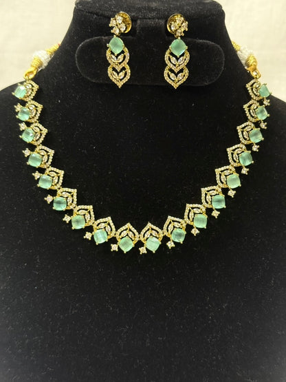 Emerald Green American Diamond Necklace Set with Earrings