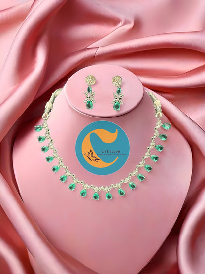Emerald Green Teardrop American Diamond Necklace Set with Earrings