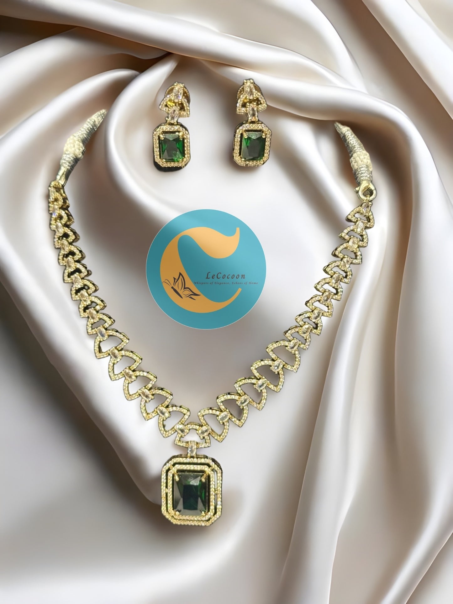 Emerald Green American Diamond Necklace Set with Earrings