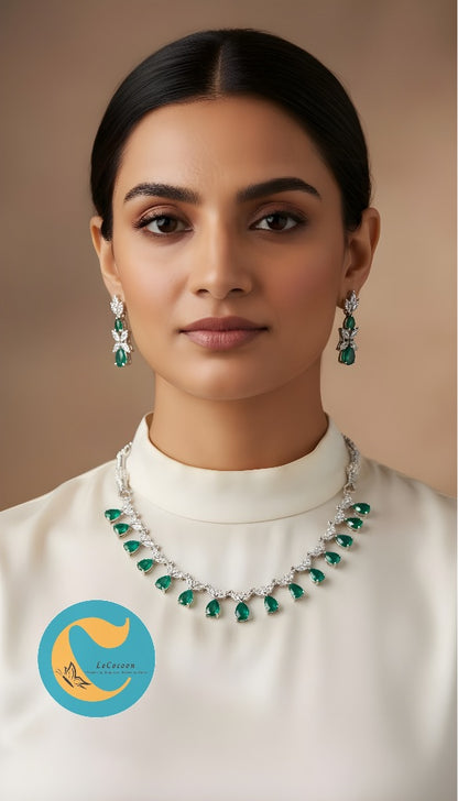 Emerald Green Teardrop American Diamond Necklace Set with Earrings