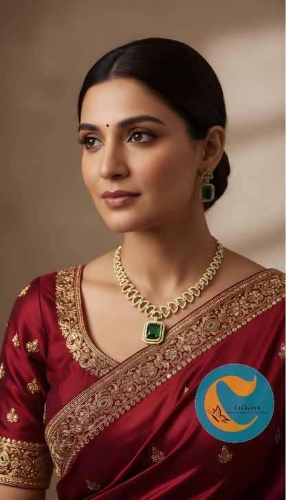 Emerald Green American Diamond Necklace Set with Earrings