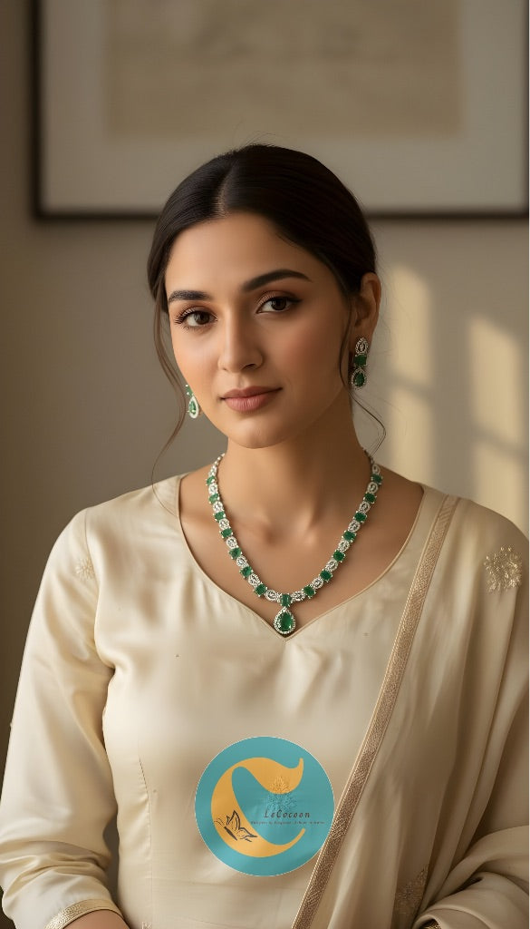 Emerald Green American Diamond Necklace Set with Earrings