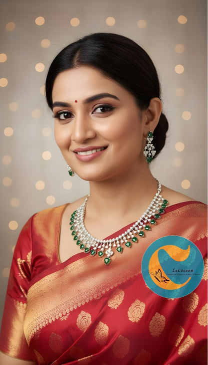 Green American Diamond Necklace Set with Earrings
