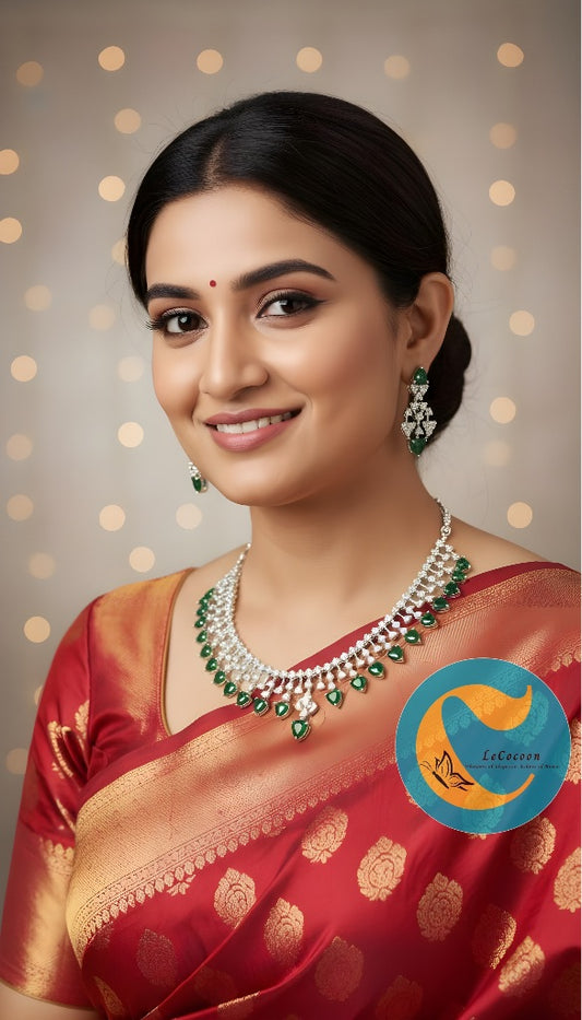 Green American Diamond Necklace Set with Earrings