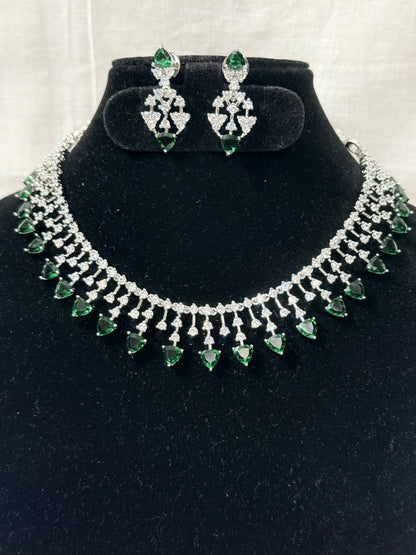 Green American Diamond Necklace Set with Earrings
