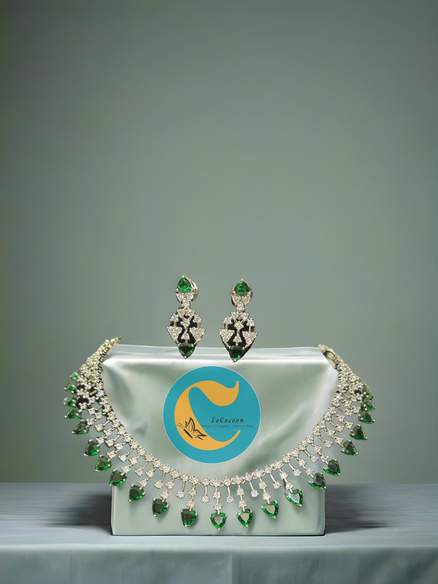 Green American Diamond Necklace Set with Earrings