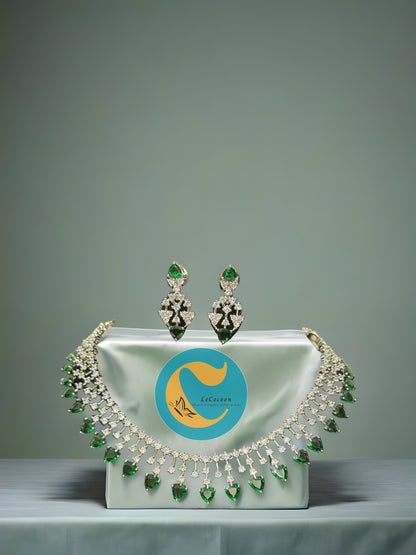 Green American Diamond Necklace Set with Earrings