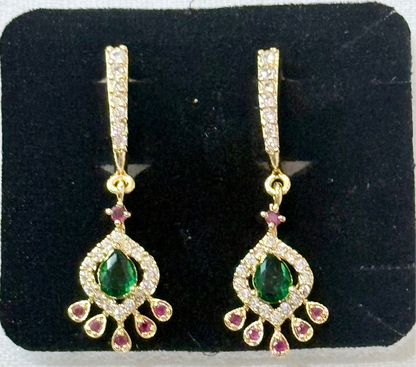 Emerald & Pink Drop American Diamond Dangler Earrings