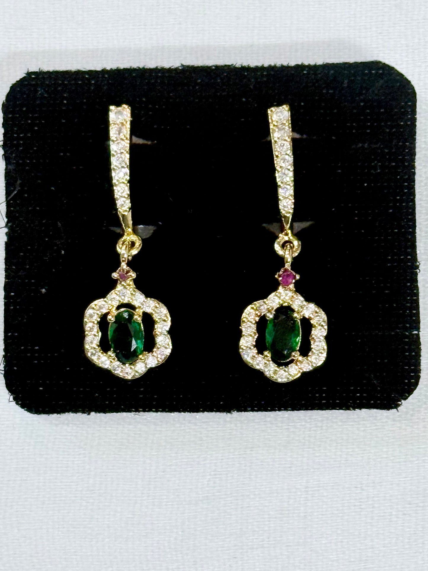 Crown-Style AD Earrings with Green Stone