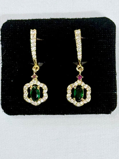 Crown-Style AD Earrings with Green Stone