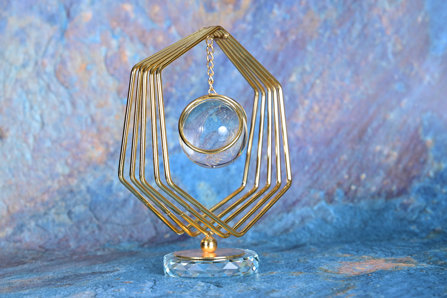 Golden HexaBalance – Suspended Crystal Sculpture