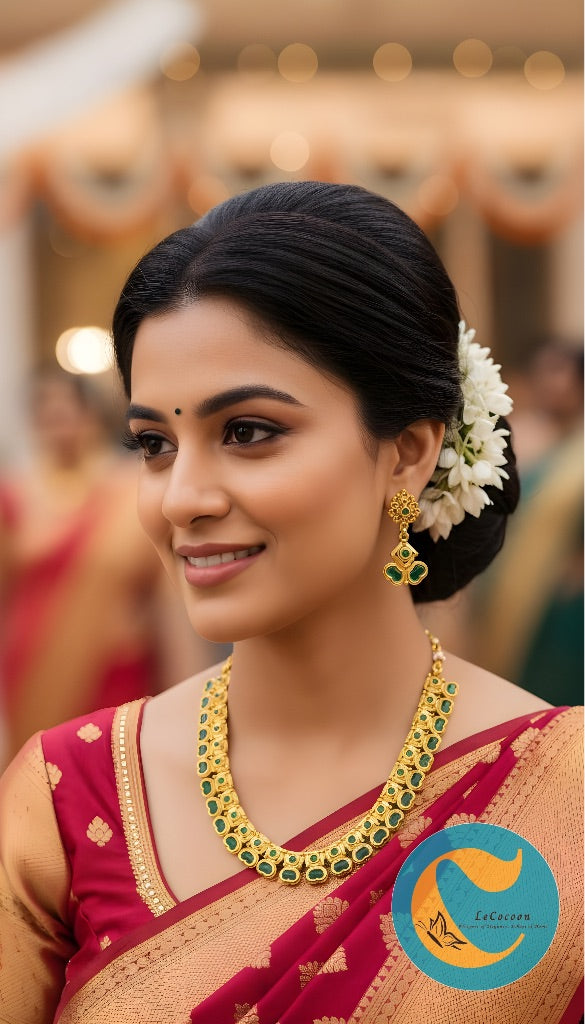 Traditional Kemp Stone Necklace Set with Earrings Emerald Green