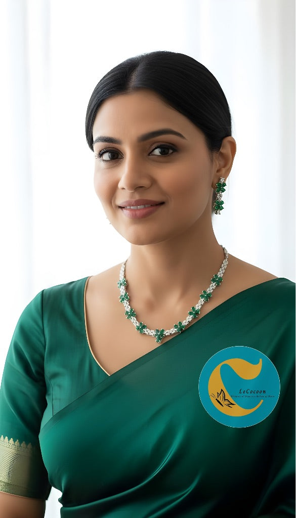 Green Floral American Diamond Necklace Set with Earrings