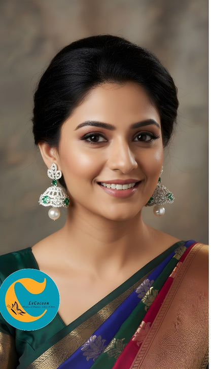 Elegant Emerald & Pearl Drop Earrings | Diamond Finish CZ Stones