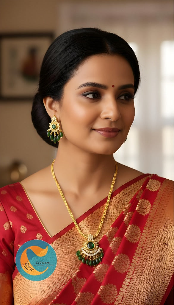 Emerald Green Temple Style Necklace Set with Earrings