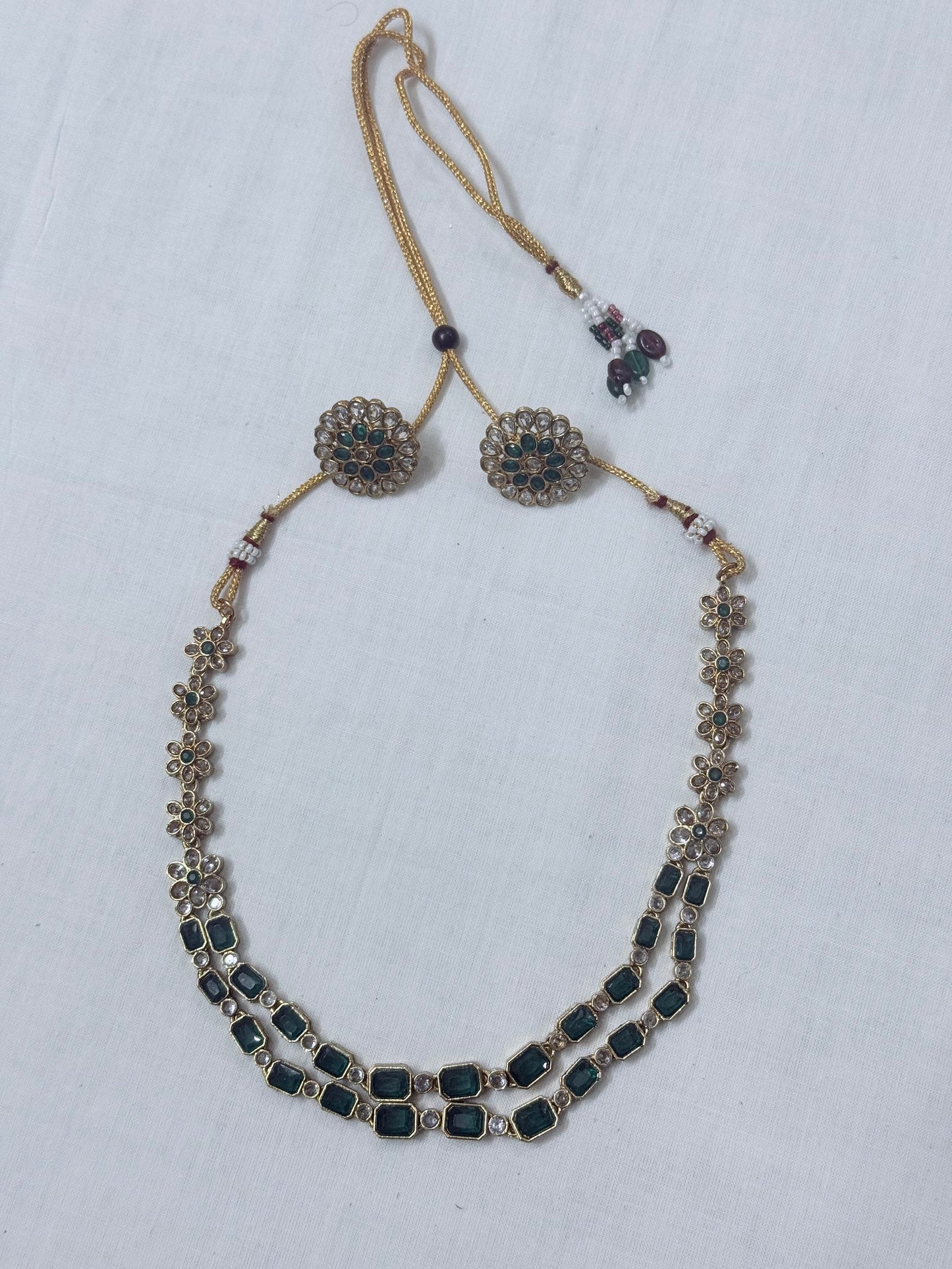 Floral Dual-Layer Stone Necklace Set with Stud Earrings Emerald Green