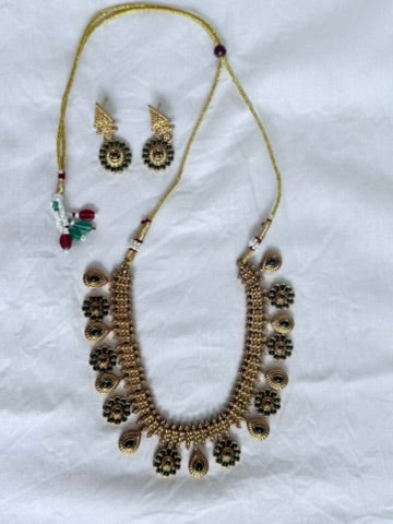 Floral Necklace Set  Green Stones