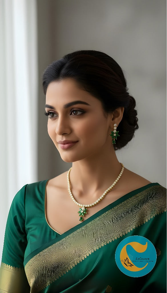 Green Floral American Diamond Necklace Set with Earrings