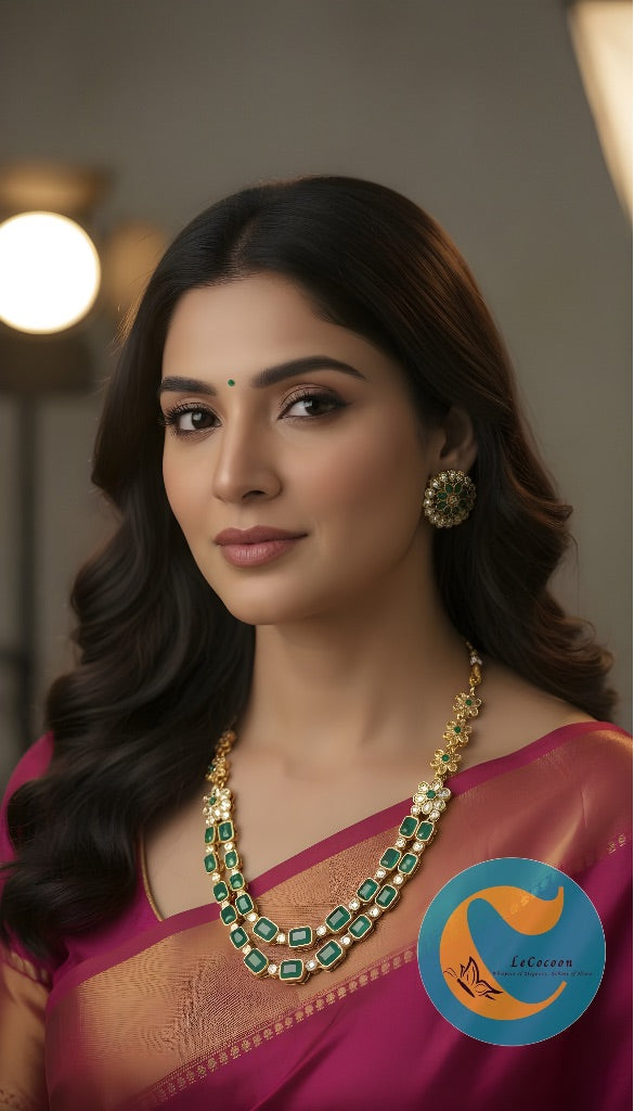 Floral Dual-Layer Stone Necklace Set with Stud Earrings Emerald Green