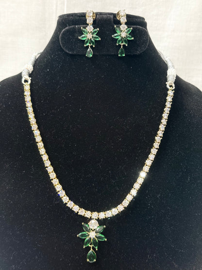 Green Floral American Diamond Necklace Set with Earrings
