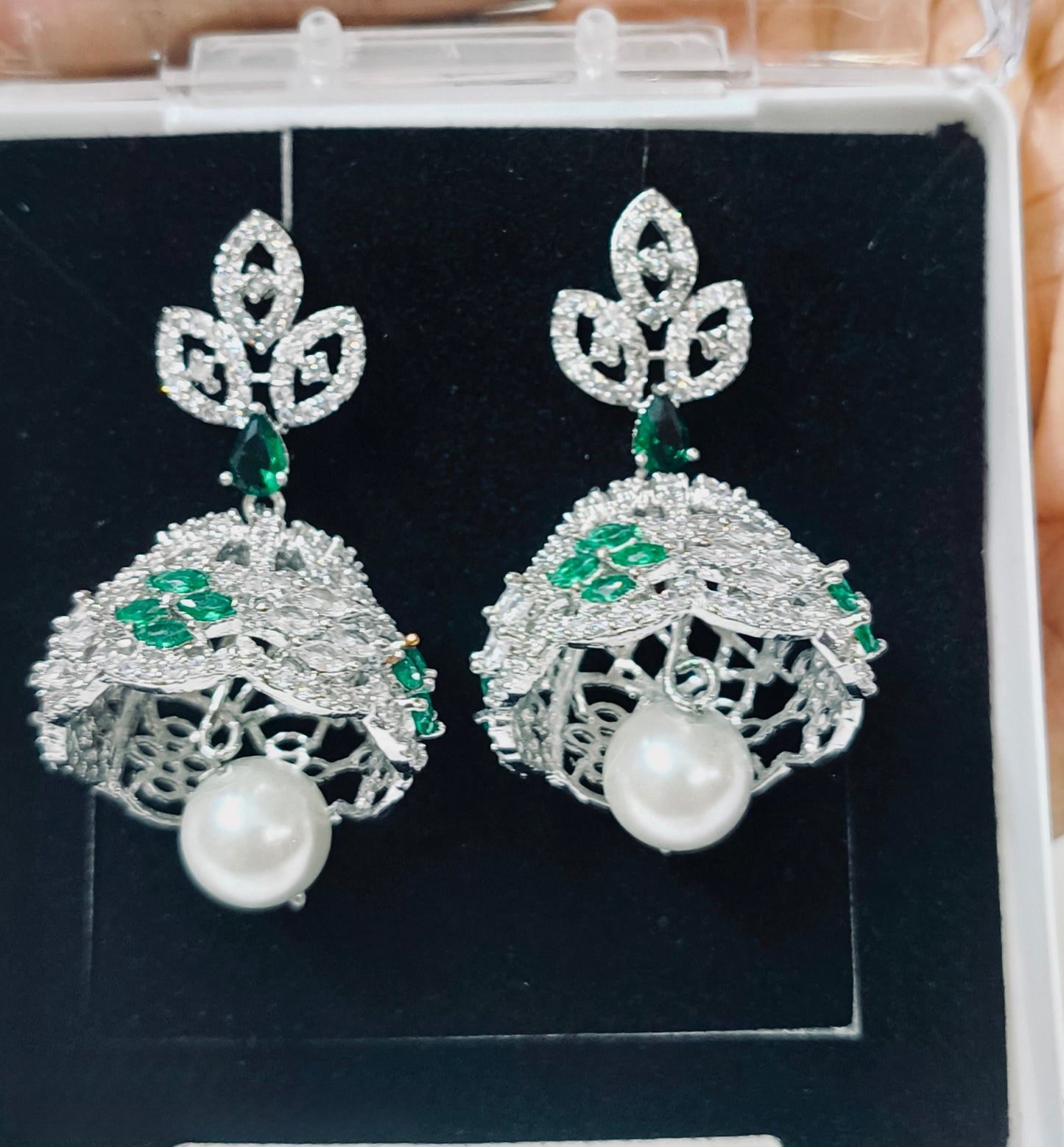 Elegant Emerald & Pearl Drop Earrings | Diamond Finish CZ Stones