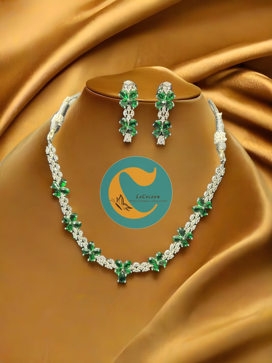 Green Floral American Diamond Necklace Set with Earrings