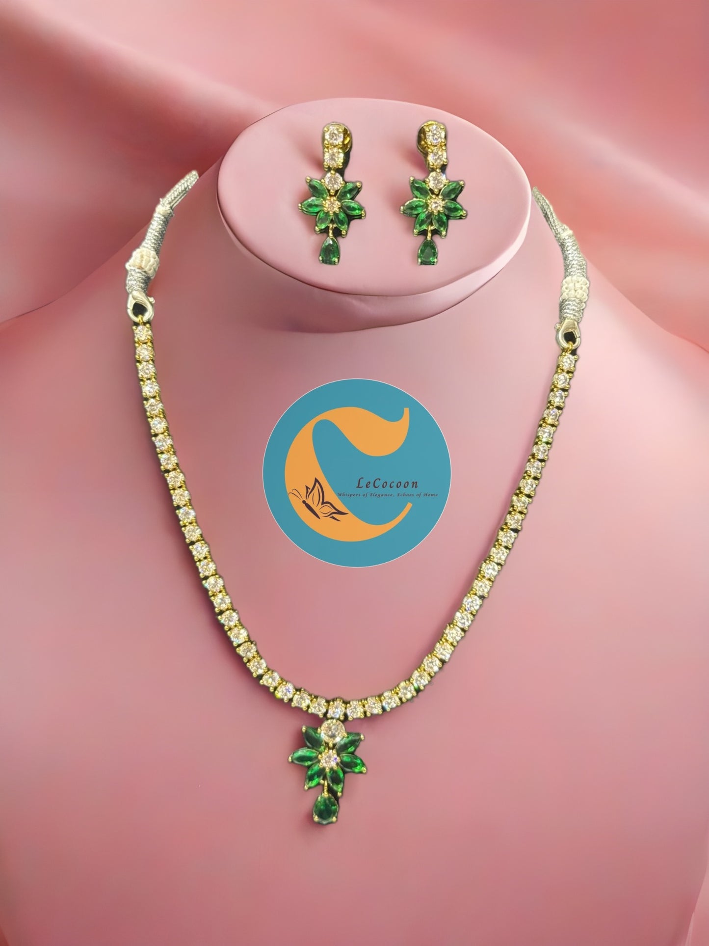 Green Floral American Diamond Necklace Set with Earrings