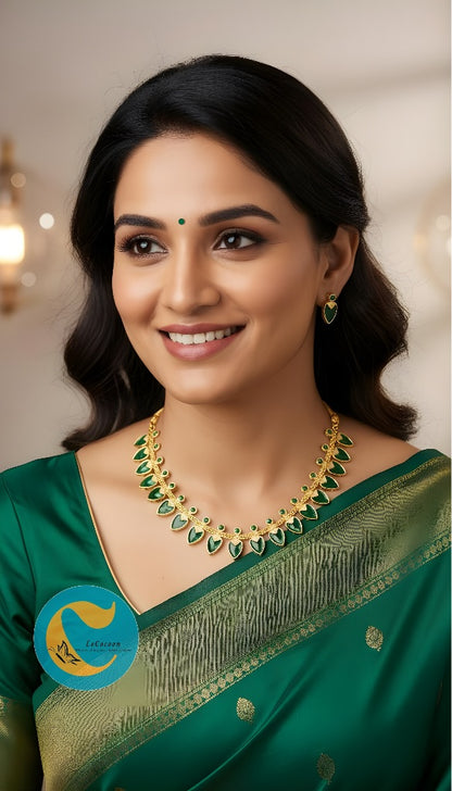 Elegant Leaf Green Stone Motif Necklace Set