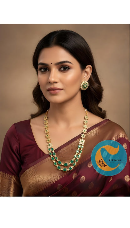Floral Dual-Layer Stone Necklace Set with Stud Earrings Emerald Green