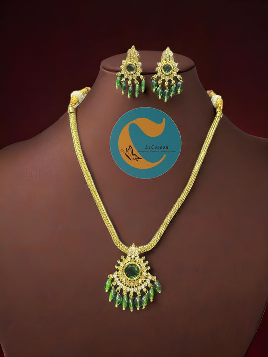 Emerald Green Temple Style Necklace Set with Earrings
