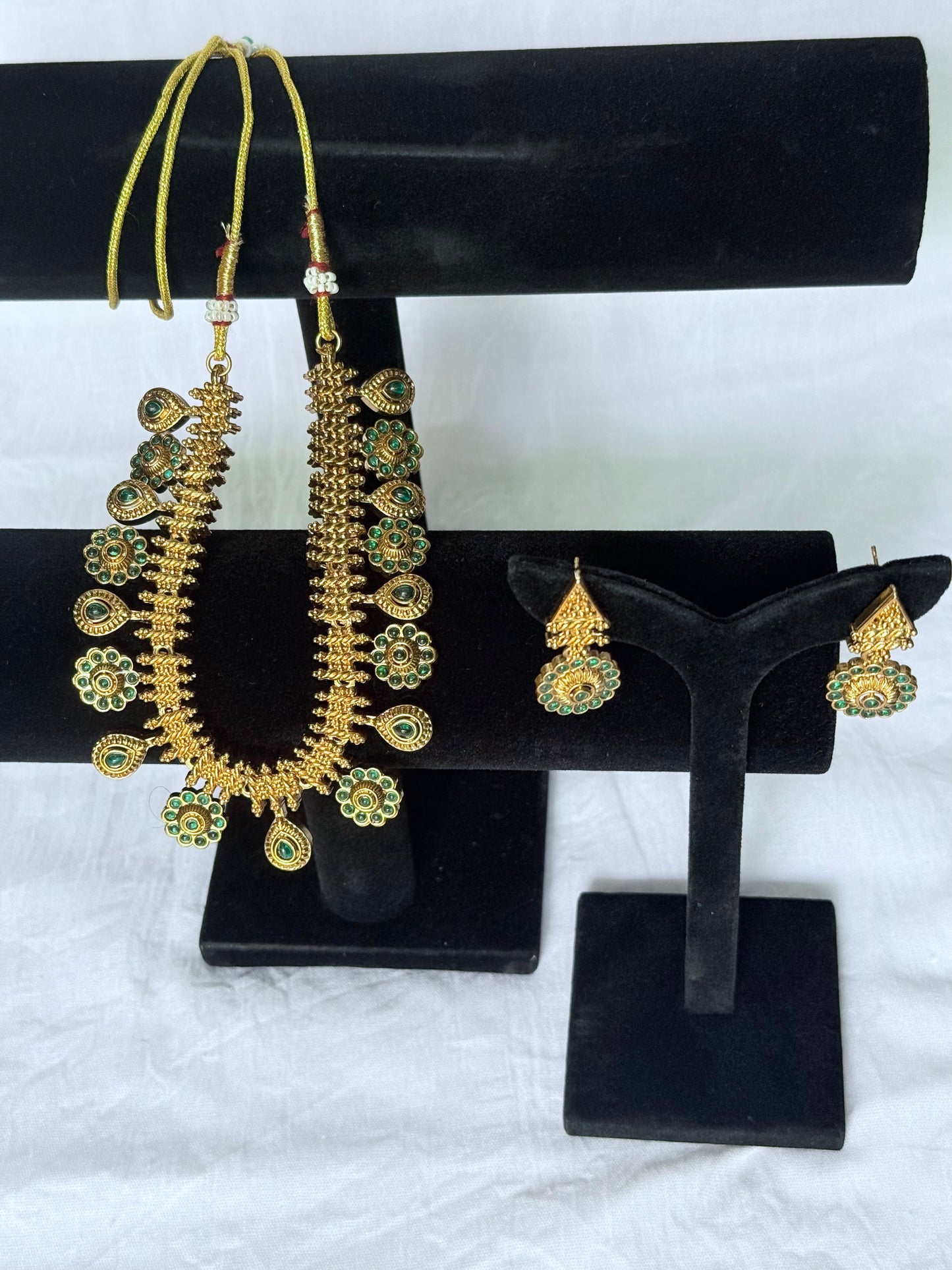 Floral Necklace Set  Green Stones