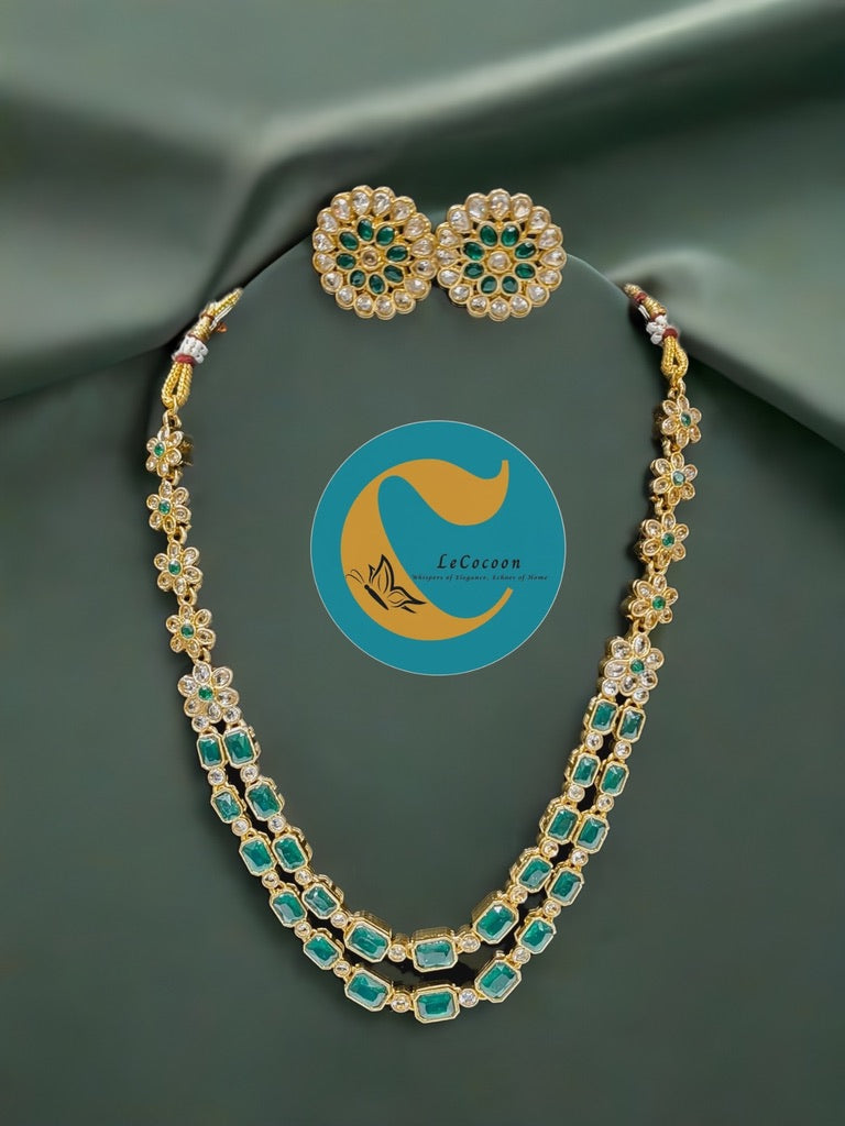 Floral Dual-Layer Stone Necklace Set with Stud Earrings Emerald Green