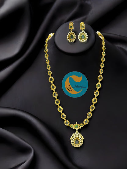 Green Pear Drop Stone Necklace Set with Earrings